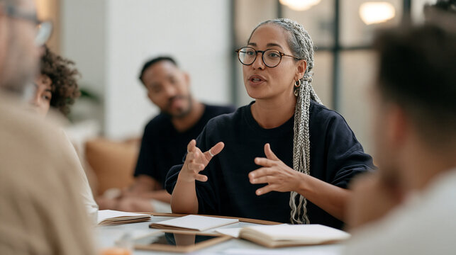 A woman with long silver braids facilitates an informal skills-sharing workshop at a round table in a bookable meeting room inside a coworking center, several members gathered