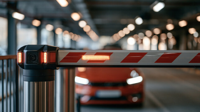 Automated license plate recognition camera mounted at the entry barrier of an underground parking facility, boom gate arm raised for approaching vehicle, amber warning lights