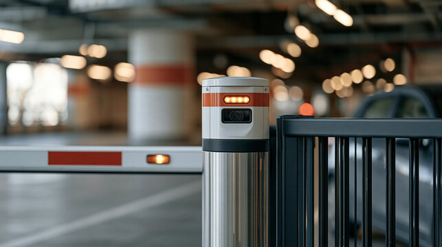 Automated license plate recognition camera mounted at the entry barrier of an underground parking facility, boom gate arm raised for approaching vehicle, amber warning lights