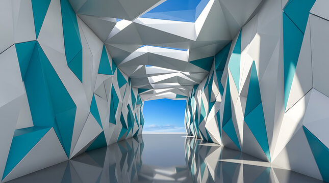 Interior architectural corridor with geometric low poly walls leading to open sky