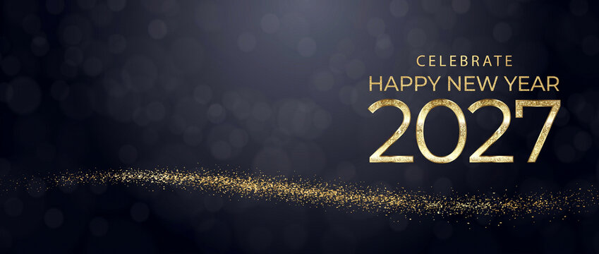Happy New Year 2027 Gold Glitter Banner with Luxury Typography, Dark Festive Background and Sparkling Confetti