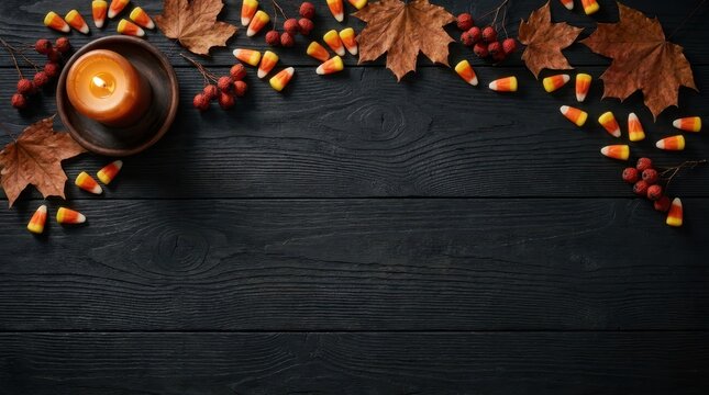 Glowing candle and autumn leaves arranged neatly on rustic dark wooden background with space