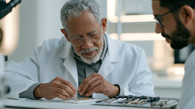An interracial elderly man in a sterile white laboratory carefully repairing a broken spectrometer component, a full set of specialized hand tools arranged beside him, a younger