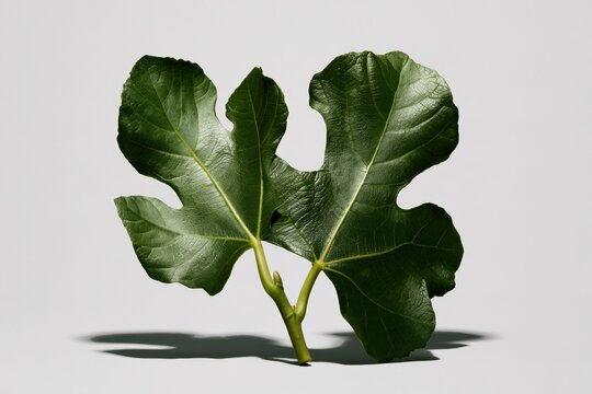 Two broad green fig leaves standing upright with soft shadows on a neutral grey background