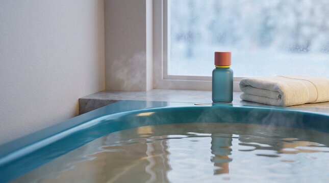 Warm bath with essential oils and a towel by the window in winter  
