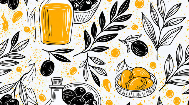 Seamless pattern with olives, oil bottles, and a small bowl,retro design