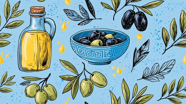 Seamless pattern with olives, oil bottles, and a small bowl,retro design
