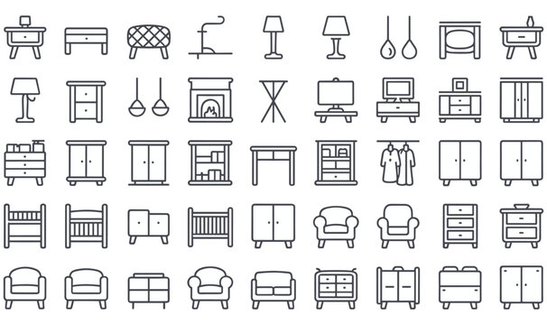 Set of thin line furniture icons for interior design and home furnishing