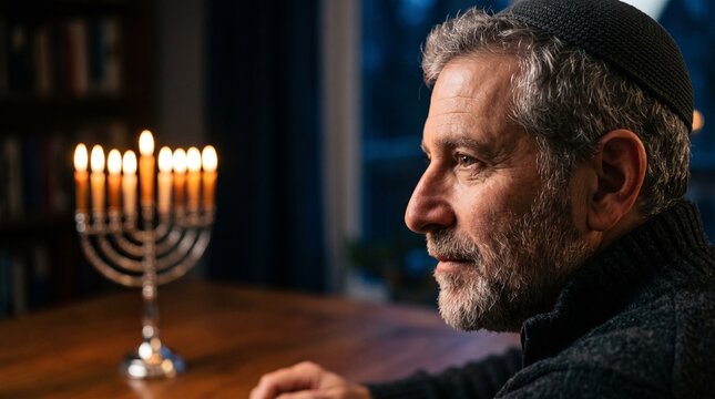 Elderly Jewish man wearing a kippah gazes thoughtfully at a lit Hanukkah menorah on a wooden table