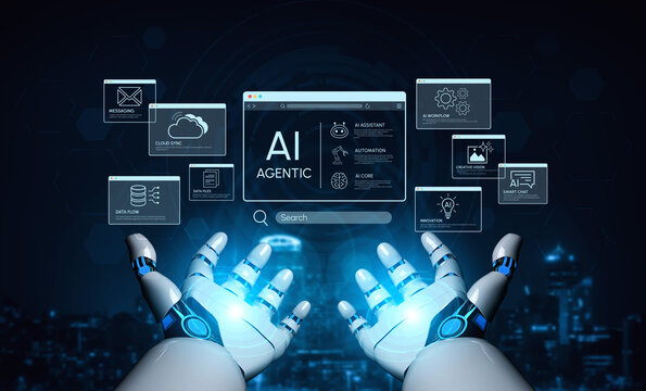 Futuristic robotic hands reaching out to virtual interface displaying artificial intelligence concepts, automation tools, and data processing elements in a digital landscape. Entropy.