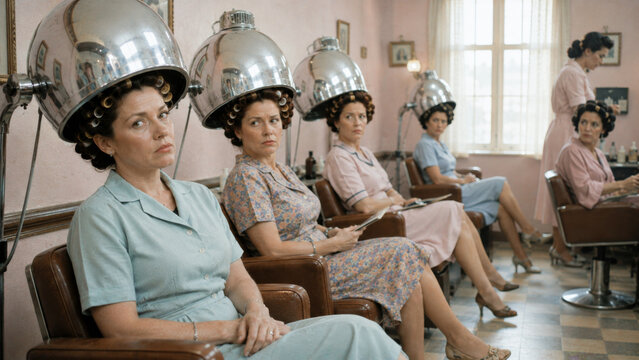 Women sitting under hood hair dryers in a retro beauty salon while waiting for their hairstyles to set