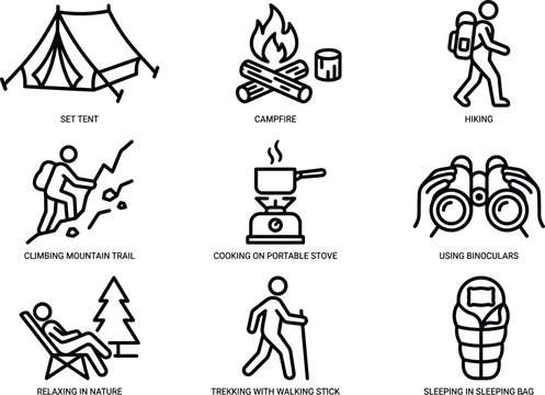 Set of camping and hiking icons vector illustration representing outdoor adventures and activities