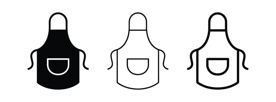 Three minimalist apron icons in black and white vector illustration for cooking and kitchen concepts