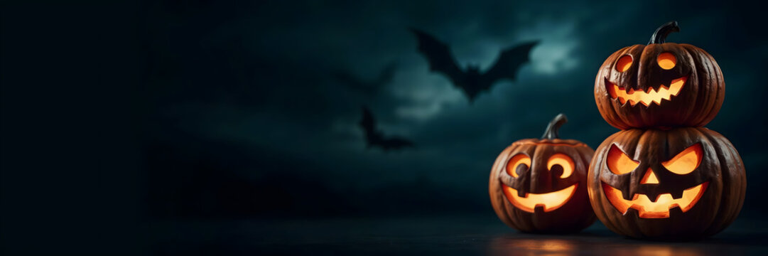 A spooky halloween composition with three carved, glowing jack-o-lanterns stacked and placed on a dark surface against a cloudy night sky with bats