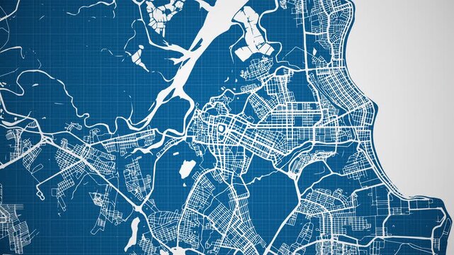 Ink reveal animation of Jo&atilde;o Pessoa city, Para&iacute;ba, Brasil (Brazil) grid map. Aerial top view. Blueprint style. White lines with blue background. 4K Seamless loop.