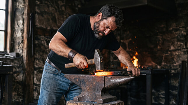 Forgeron travaillant du m&eacute;tal chaud au marteau