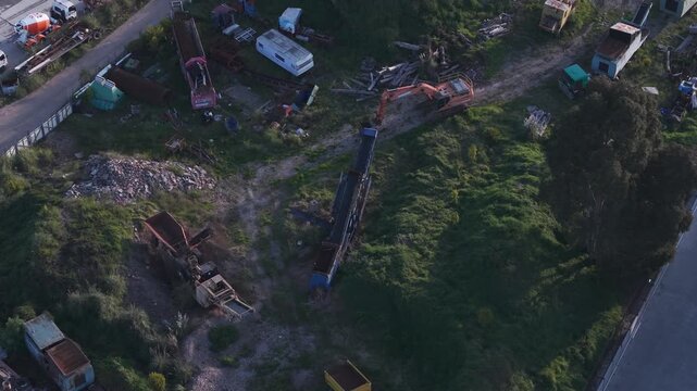 Aerial view of an abandoned industrial scrapyard