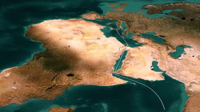 Dotted maritime shipping route from Mediterranean through Suez Canal, Red Sea and Bab-el-Mandeb to Indian Ocean on 3D satellite map of Africa and Middle East
