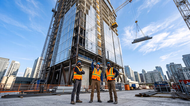 Ouvriers du b&acirc;timent observant un chantier de grande hauteur