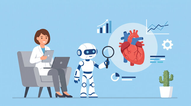 Illustration d&rsquo;un m&eacute;decin et d&rsquo;un robot analysant un c&oelig;ur