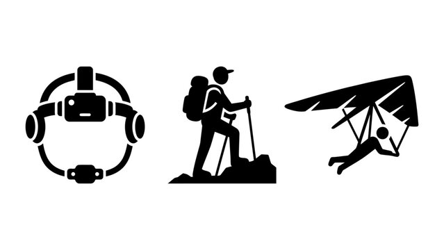 Vector illustration of outdoor adventure gear including a headlamp backpack hang glider with backpack silhouette