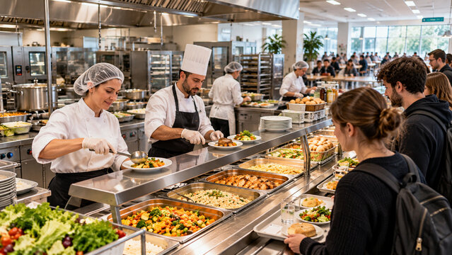 Catering staff serving meals in large institutional cafeteria