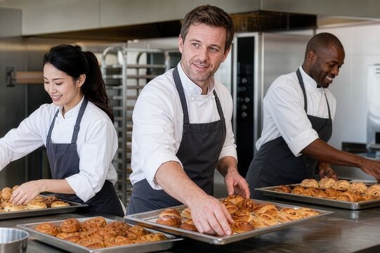 Commercial kitchen team assembling baked goods for service, illustrating teamwork, food-service workflow and hospitality production.