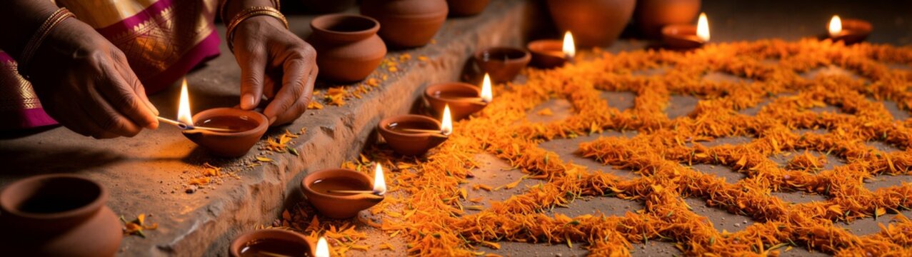 Traditional Indian woman lighting clay oil lamps with matchstick for Diwali festival celebration with flower rangoli decoration on floor