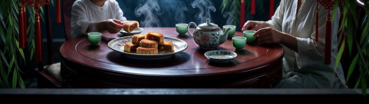 Family celebrating Mid Autumn Festival with mooncakes and steaming tea on a traditional round wooden table surrounded by lanterns and willow branches