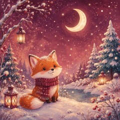 Fototapeta premium Cute fox in snowy forest beneath crescent moon