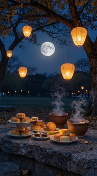 Moon festival celebration table outdoors with traditional mooncakes and hot tea under glowing paper lanterns and full moon night sky