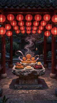 Mid Autumn Festival celebration with traditional mooncakes and red lanterns hanging in a pavilion with smoke rising from the altar during evening time