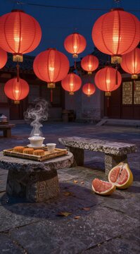 Moon Festival celebration setting with glowing red lanterns, traditional mooncakes, steaming tea, and fresh pomelo fruit on stone tables in a courtyard at night