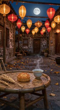 Traditional Mid Autumn Festival celebration scene with glowing lanterns, full moon, mooncake, tea and wheat on a bamboo table in a courtyard