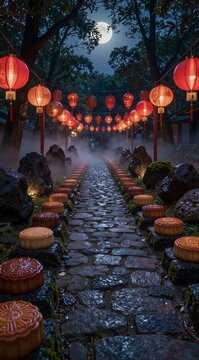 Mooncakes pathway lantern festival night full moon stone path glowing lanterns