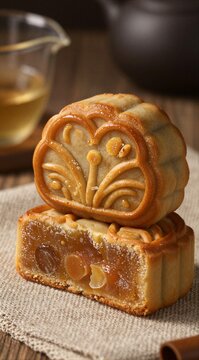 Traditional Mid Autumn Festival mooncakes with lotus seed paste and nuts, beautifully presented on a rustic burlap mat alongside hot tea for a festive celebration