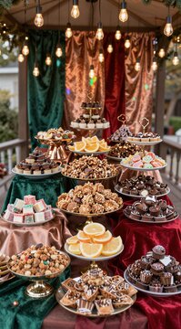 A festive dessert table outdoors featuring an abundance of chocolates, candies, cupcakes, and citrus slices arranged on tiered stands with warm holiday lighting and rich velvet drapes
