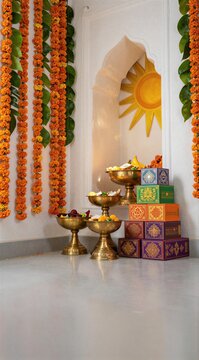 Traditional Indian festival decor with marigold flower garlands, brass offering bowls, and colorful gift boxes in a white room setting