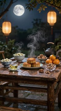 Mooncake festival table with glowing lanterns, steaming tea, fresh oranges, walnuts and full moon in the night sky outdoors