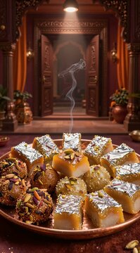 Traditional Indian sweets served on a copper plate during a festive celebration with incense smoke rising in the background of an ornate doorway