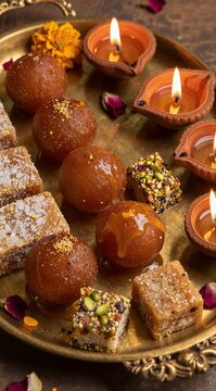 Diwali sweets tray with traditional Indian desserts Gulab Jamun, burfi, and lit oil diyas for the Hindu festival of lights celebration