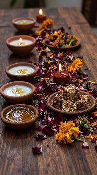 Traditional Indian celebration setup with lit diyas, bowls of milk and honey, scattered marigold flowers, and sweets on a rustic wooden table for festive occasions