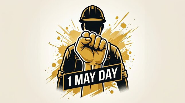 Worker raising fist celebrating labor day with protective gear with illustrated worker safety safety helmet uniform industrial worker celebration event uniform raises splash effect hand gesture