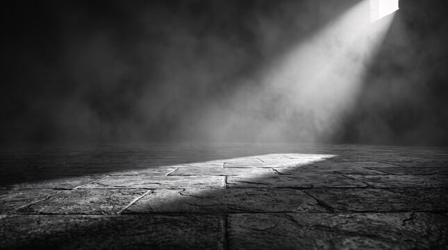 Rayon de lumi&egrave;re traversant une pi&egrave;ce sombre en pierre