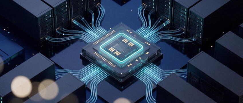 Quantum processor connected to server racks by glowing optical cables in a dark data center, 3d render for artificial intelligence, cloud computing, and modern technology infrastructure