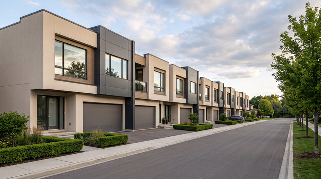 Rang&eacute;e de maisons contemporaines dans une rue de banlieue