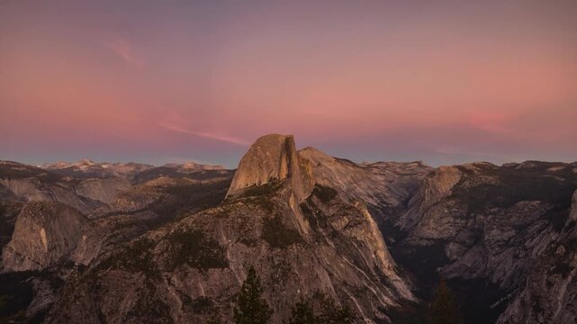 Half Dome and Yosemite Valley panorama at golden hour sunset