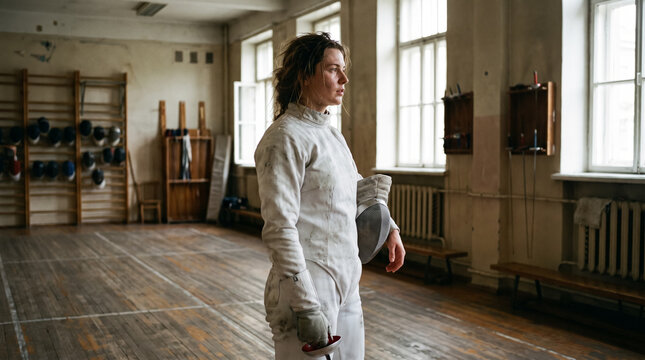Tired female fencer holding protective mask after intense training in old gym. Concept of glove, fencing mask, female athlete, sports training, fencing suit, fencing foil. Copy space.