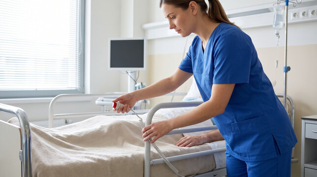 Nurse checking emergency call button by patient bed in hospital ward room. Concept of healthcare, medical care, clinic. Copy space.