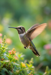 Fototapeta premium Biodiversity and nature conservation, hummingbird in flight hovering near garden flowers for nectar feeding in a lush green environment with soft sunlight